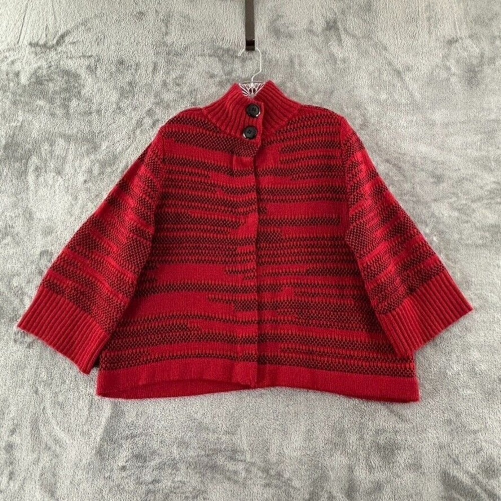 Chico's Kendra Cropped Dot Cardigan Sweater Womens L Red Black Knit Snap Closure